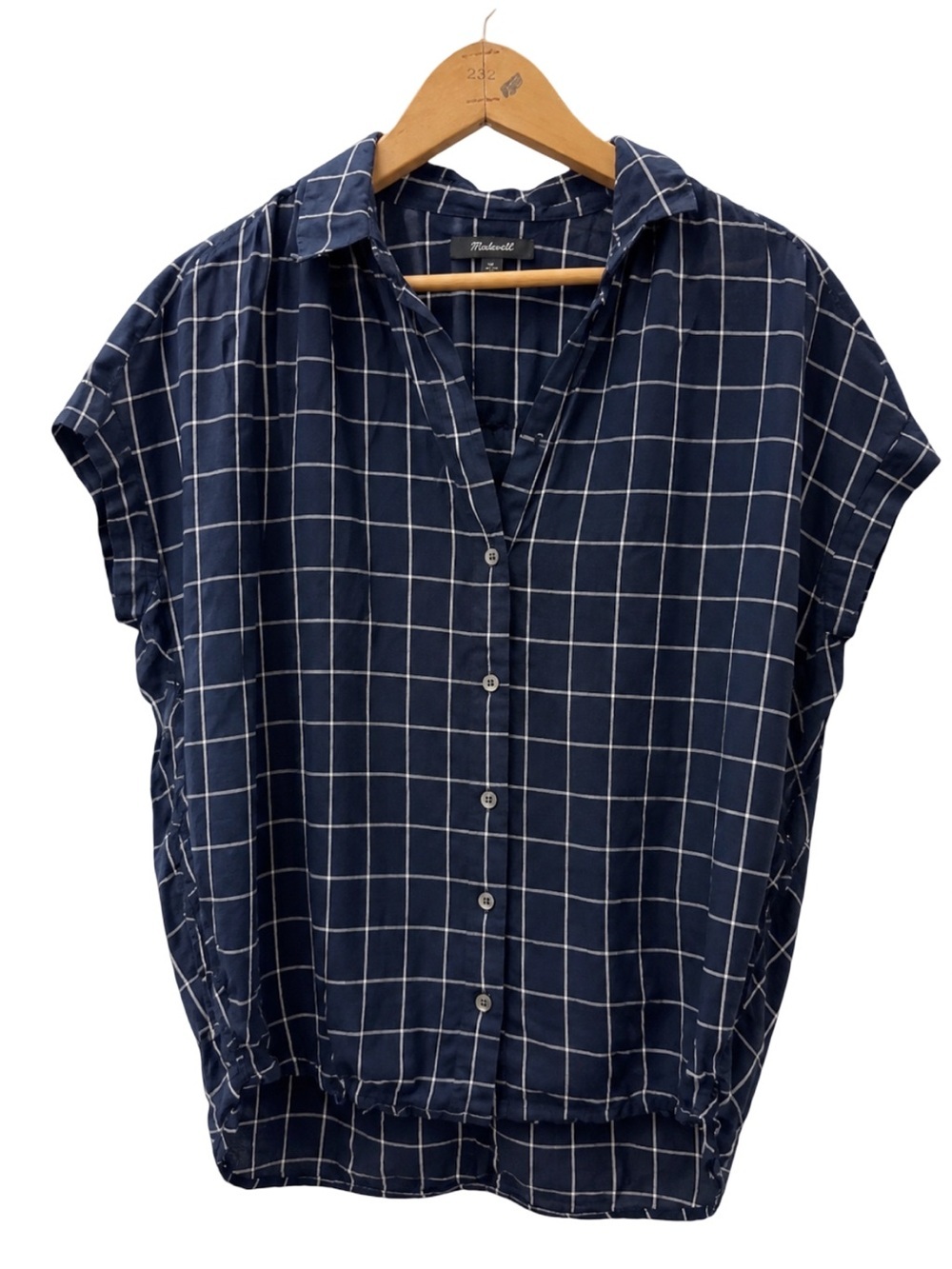 Madewell Central Drapey Button Shirt Women’s XXS Navy Blue Windowpane Oversized